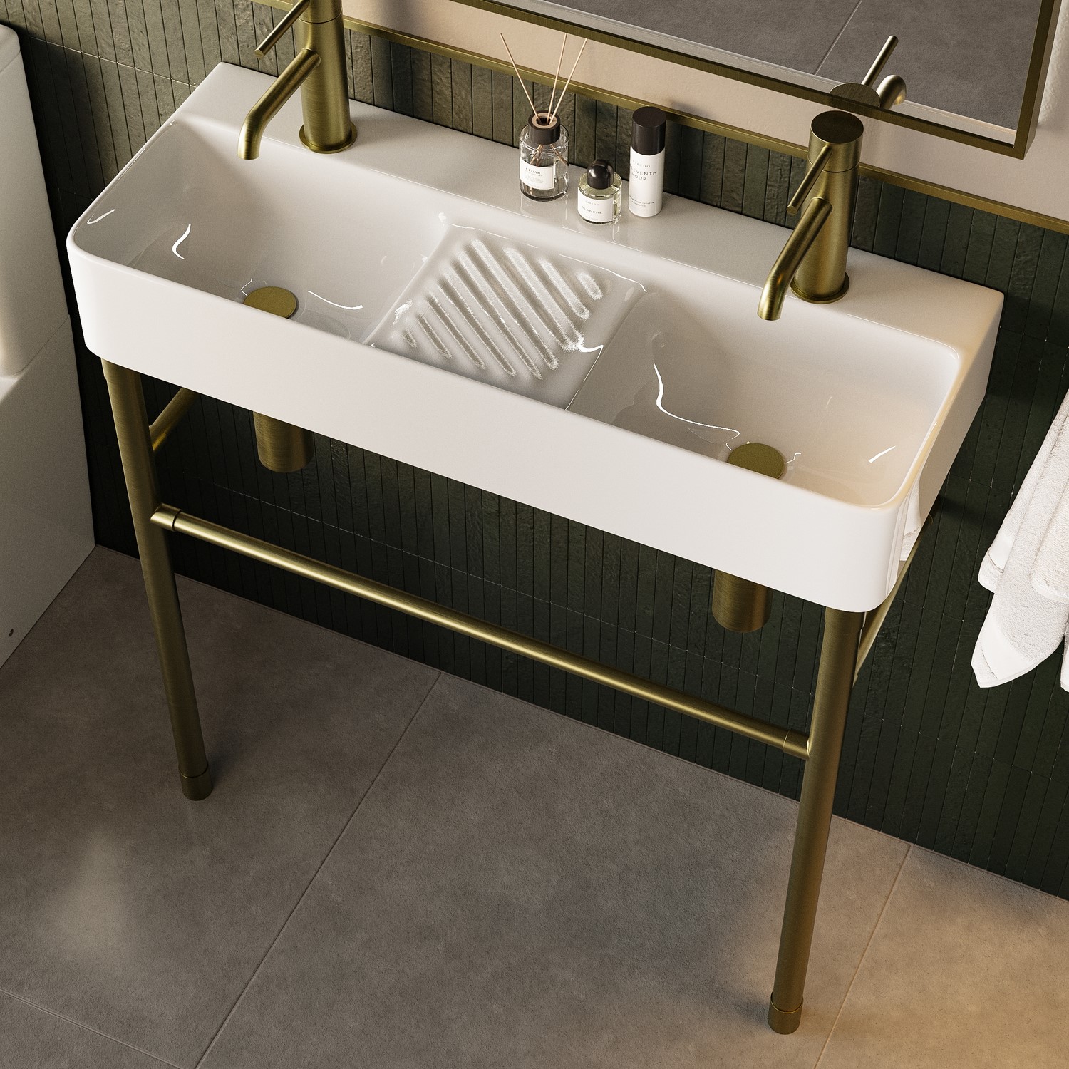 2 Tap Hole Double Basin with Brass Wash Stand 800mm - Bowen - Image 2