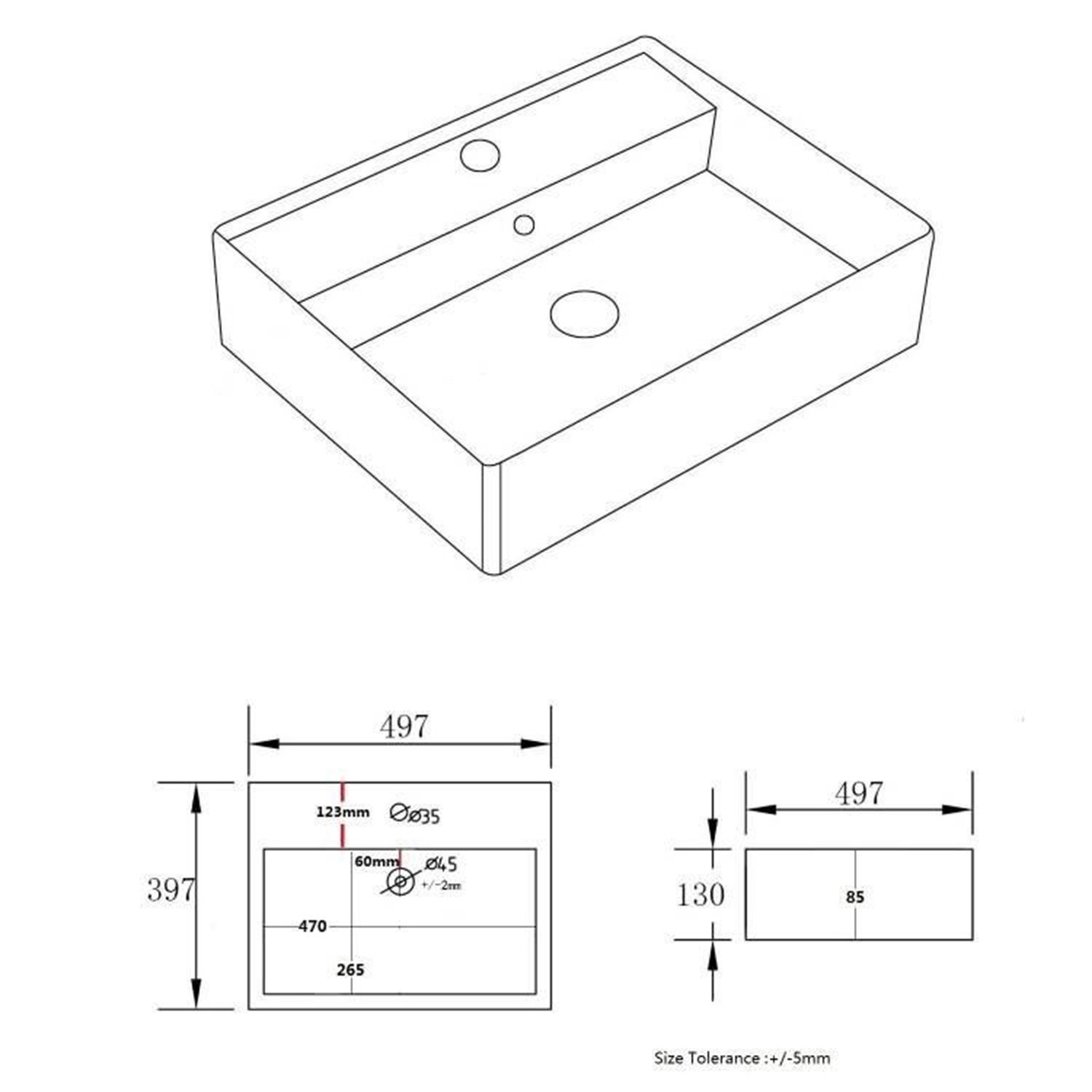 Matt Black Square Wall Hung Basin 497mm - Bowen - Image 4