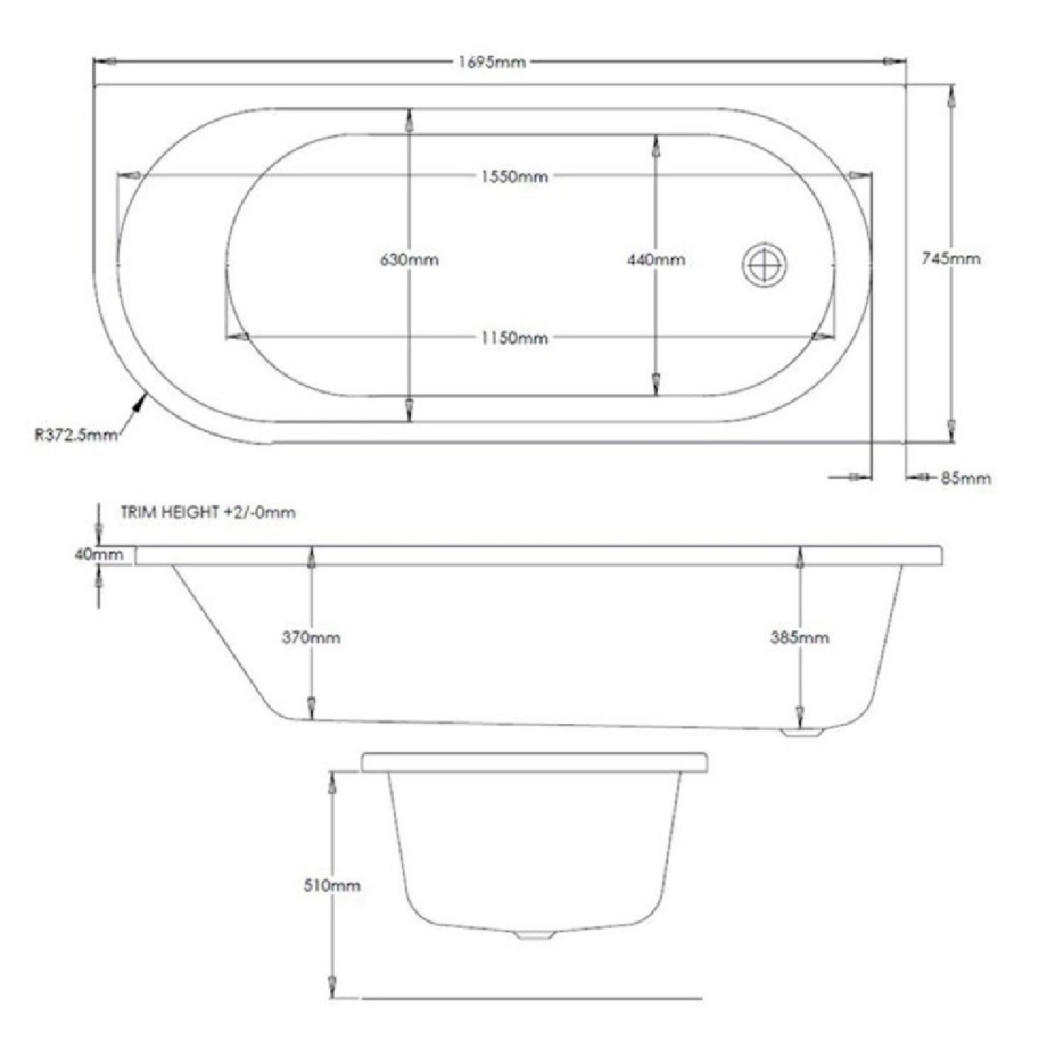 J Shape Shower Bath Left Hand with Front Panel & Chrome Bath Screen 1700 x 750mm - Jersey - Image 3
