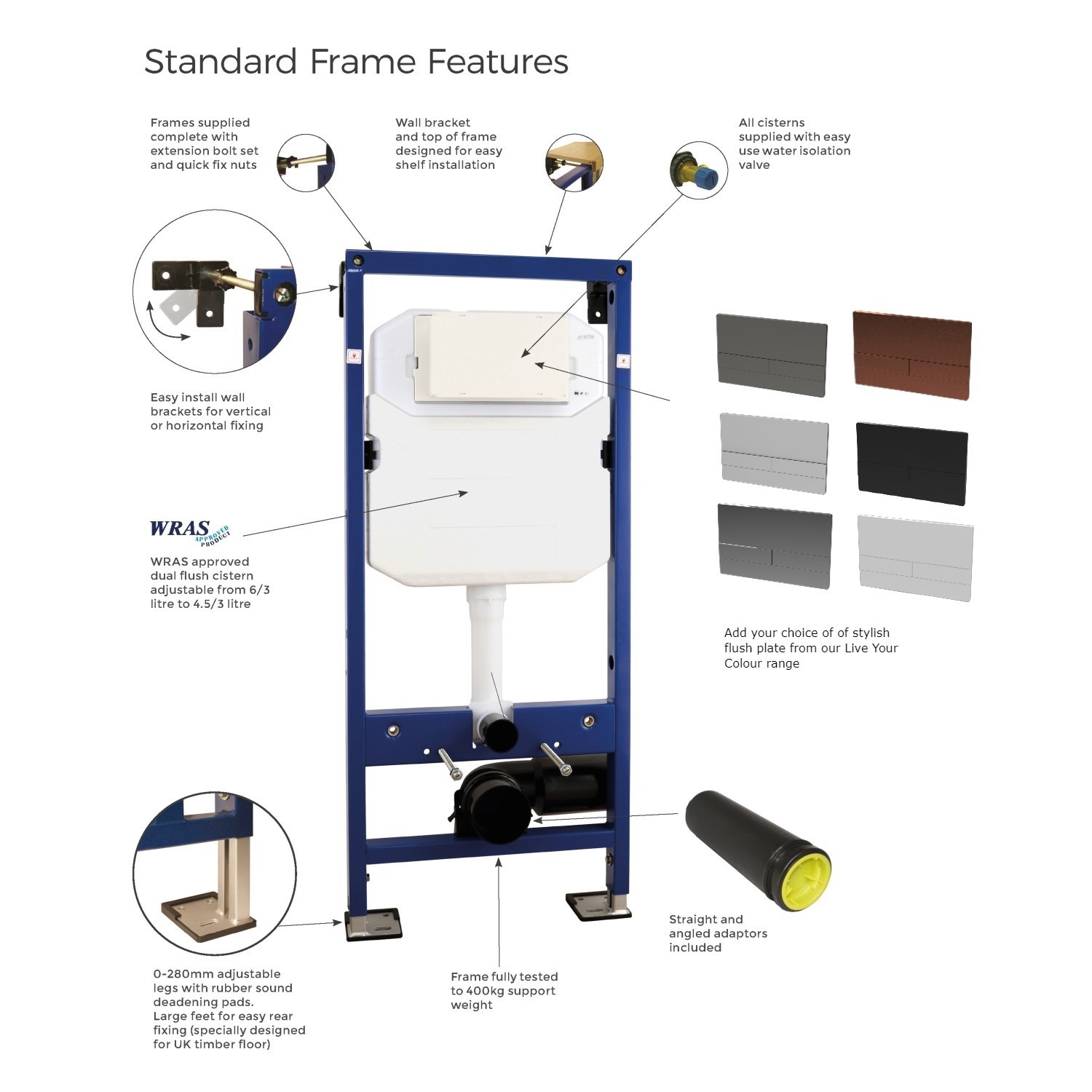 1180mm Wall Hung Toilet Frame & Bronze Dual Flush Plate with Concealed Cistern - Live Your Colour - Image 4
