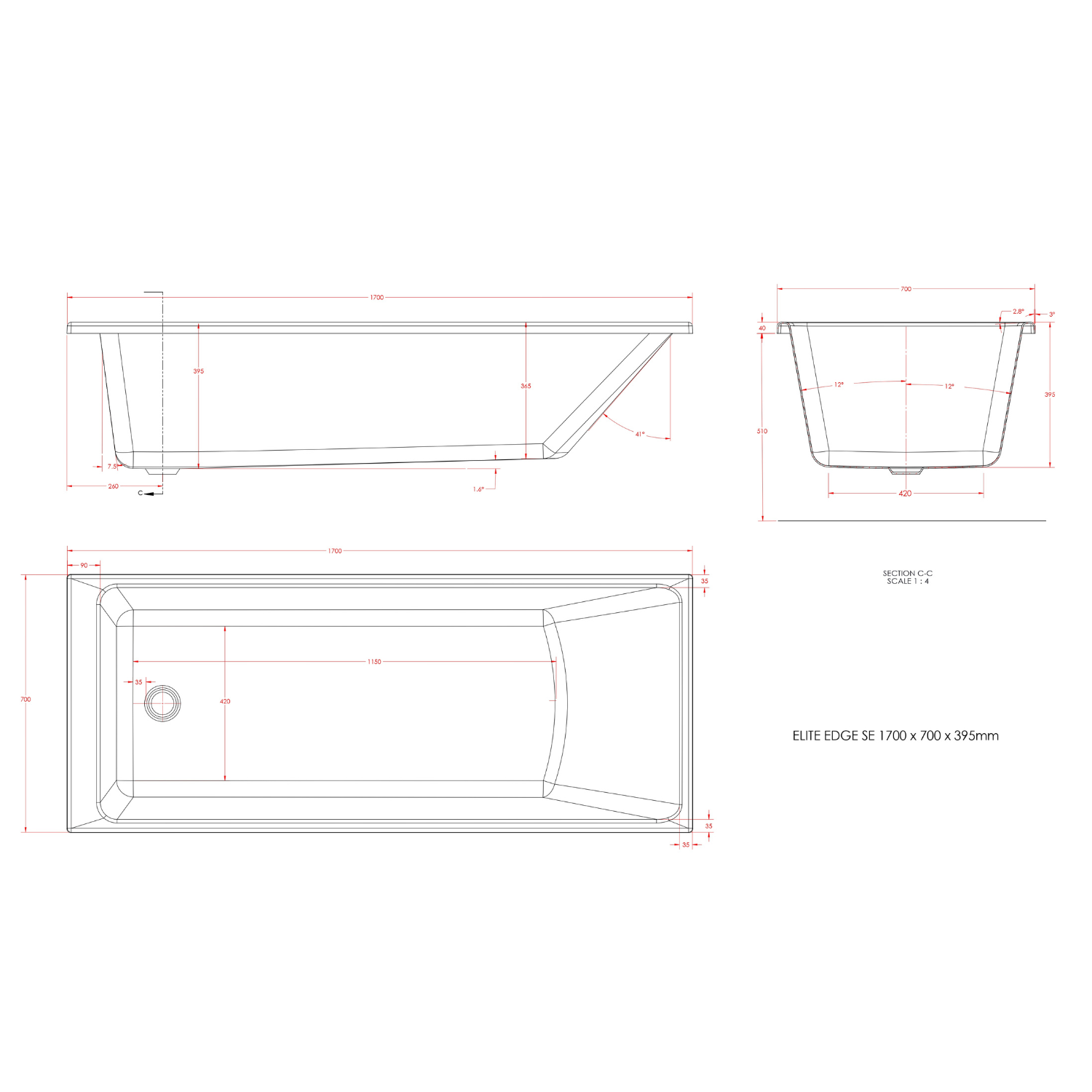 Matt White Single Ended Shower Bath with Front Panel & Matt Black Screen 1700 x 700mm - Malden - Image 2