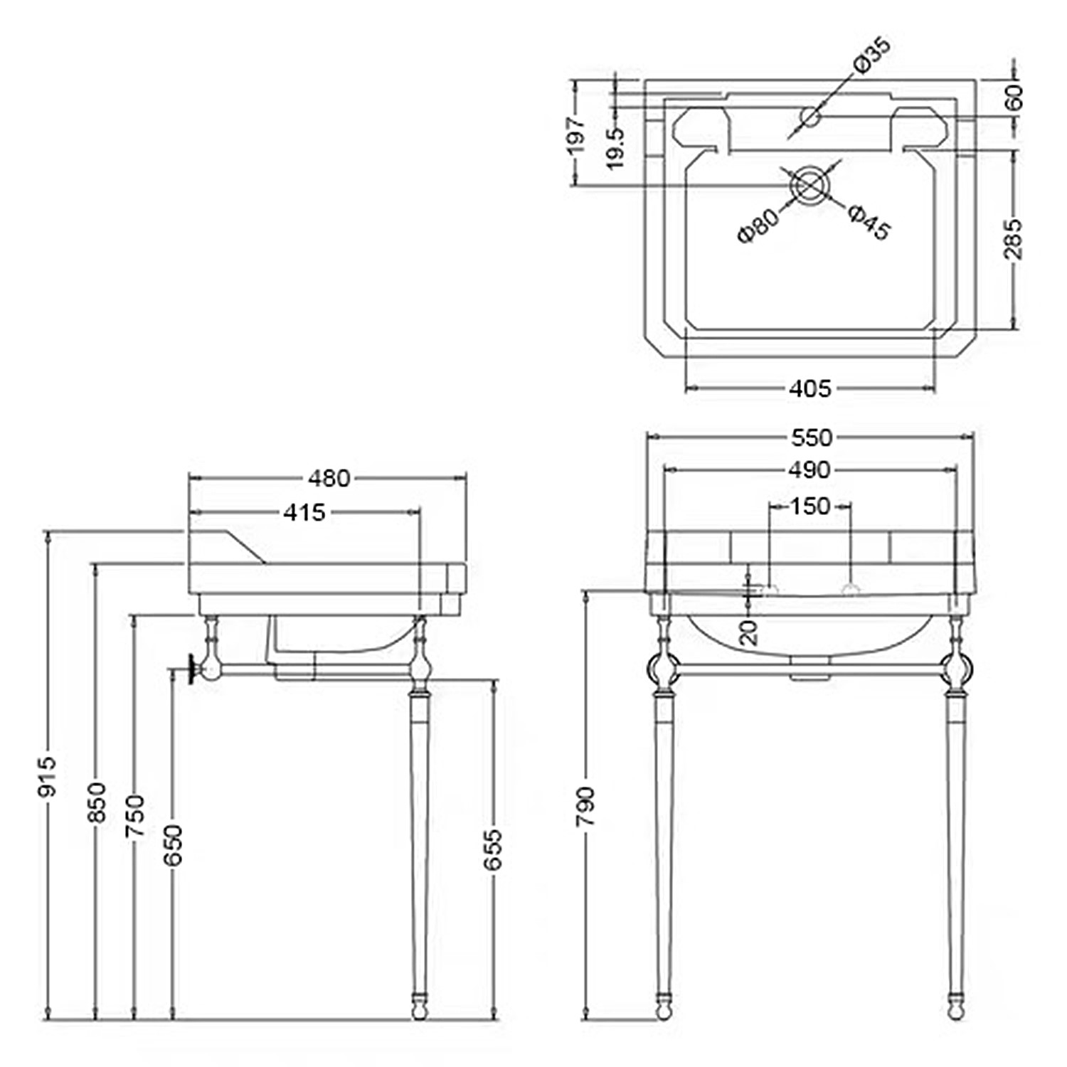 Traditional 1 Tap Hole Basin with Chrome Wash Stand 570mm - Ripley - Image 4