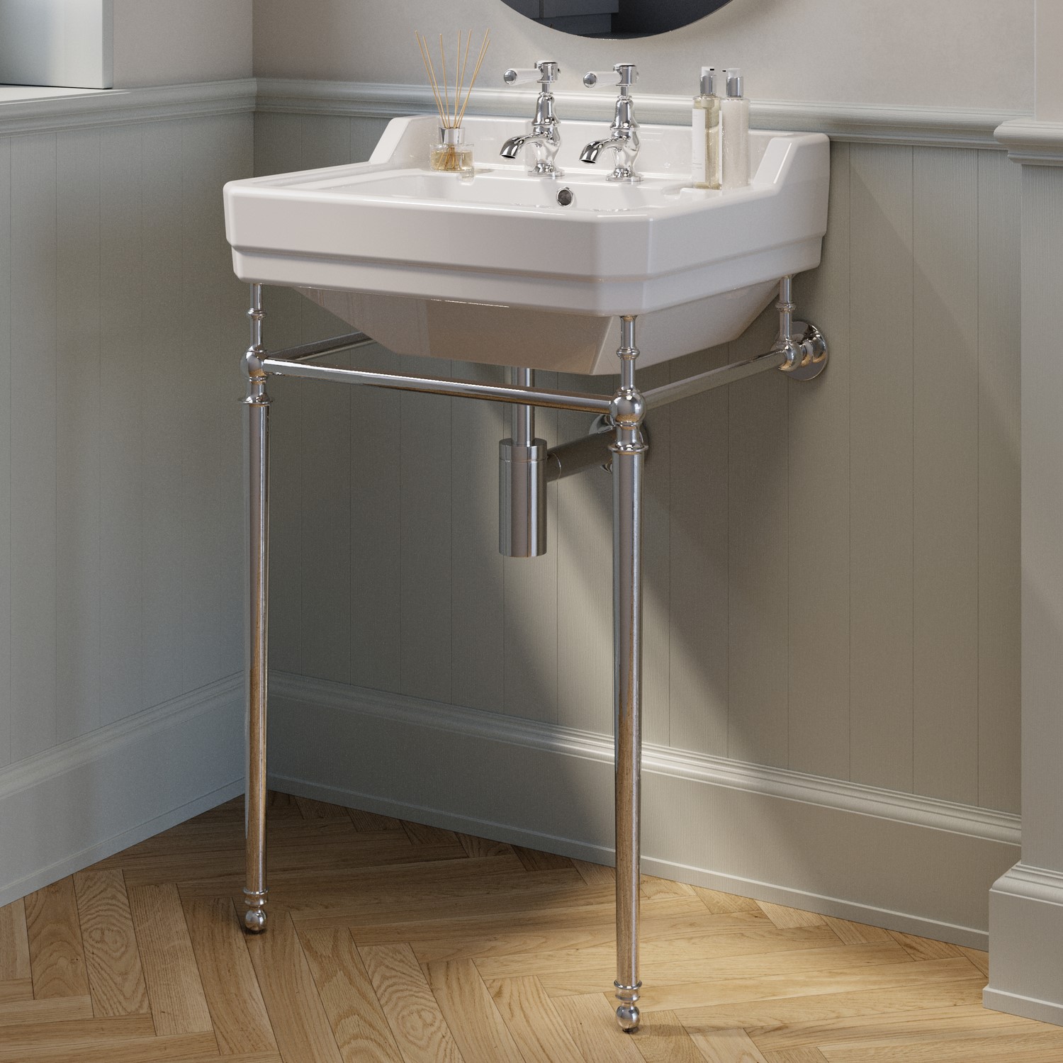 Traditional 2 Tap Hole Basin with Chrome Wash Stand 570mm - Ripley - Image 2