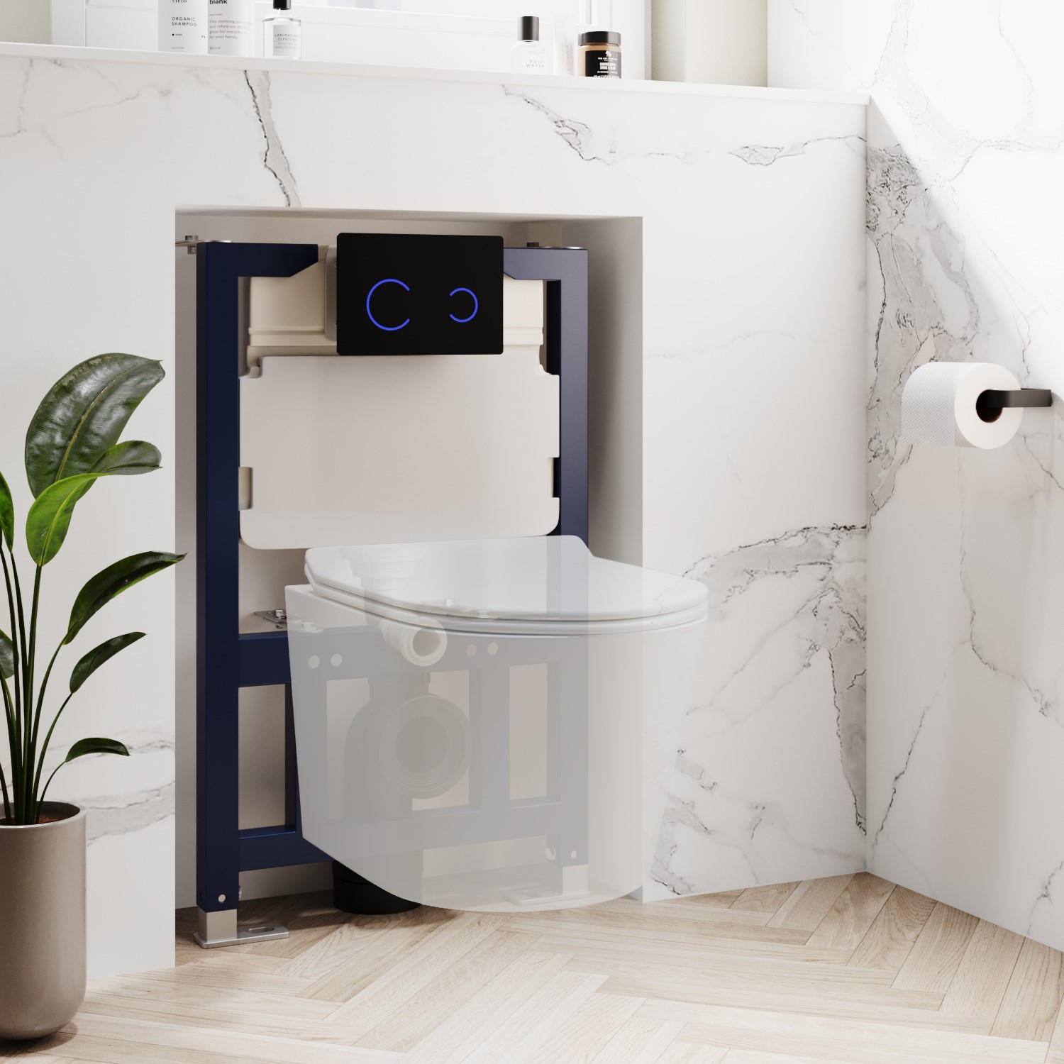 820mm Wall Hung Toilet Frame & Black Glass Sensor Dual Flush Plate with Concealed Cistern - Purificare - Image 2
