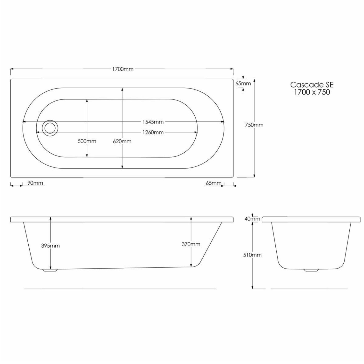 Single Ended Whirlpool Spa Bath with 6 Whirlpool Jets 1700 x 750mm - Alton - Image 2