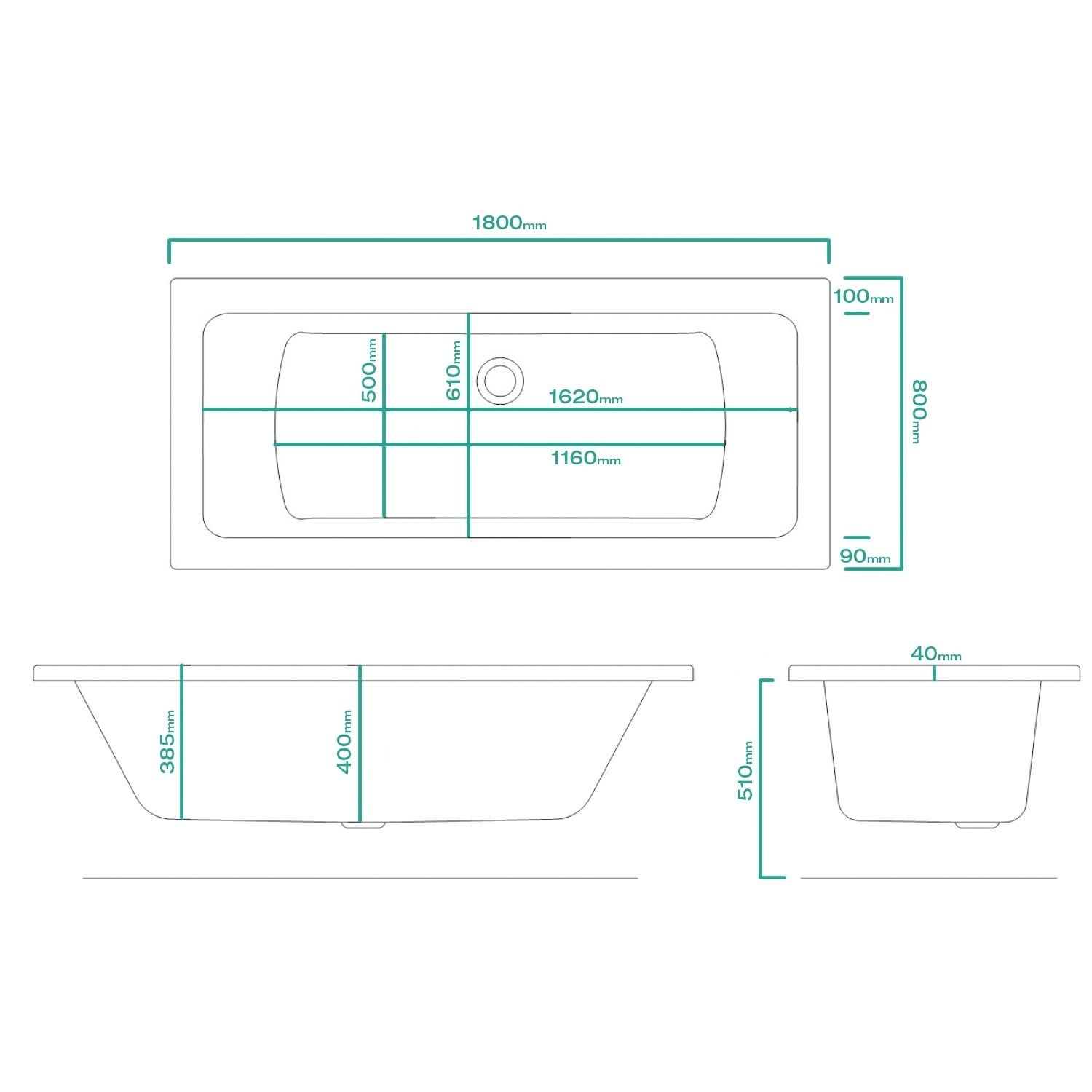 Double Ended Whirlpool Spa Bath with 14 Whirlpool Jets 1800 x 800mm - Chiltern - Image 3