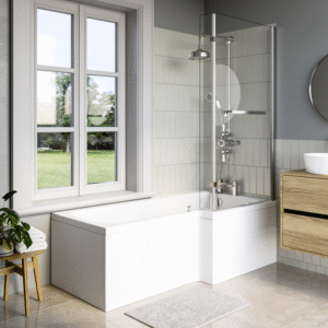 L Shape Shower Bath Left Hand with Front Panel & Bath Screen 1700 x 750mm - Yale