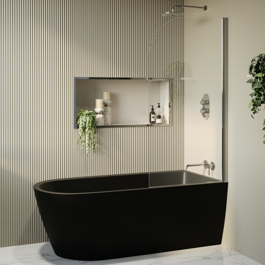 Matt Black Freestanding Shower Bath Single Ended Right Hand Corner with Chrome Bath Screen 1650 x 800mm - Amaro