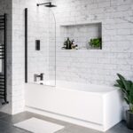 Single Ended Shower Bath with Front Panel and Hinged Black Bath Screen 1600 x 700mm - Alton
