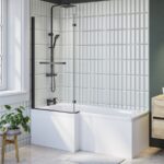 Lomax 1500 x 850 L Shaped Shower Bath Left Hand with Front Panel & Matt Black Bath Screen with Towel Rail