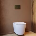 White Wall Hung Rimless Toilet with Soft Close Seat Cistern Frame and Brushed Brass Flush - Verona