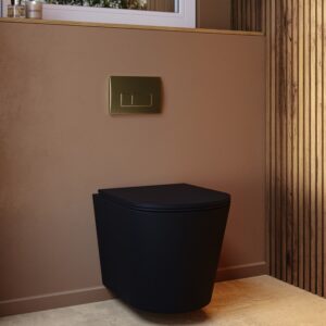 Matt Black Wall Hung Rimless Toilet with Soft Close Seat Brass Pneumatic Flush Plate 820mm Frame & Cistern - Verona