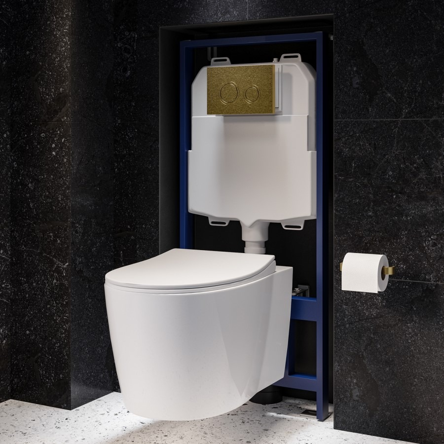 Wall Hung Toilet with Soft Close Seat Frame Cistern and Brass Flush - Alcor
