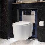 Wall Hung Toilet with Soft Close Seat Black Glass Sensor Pneumatic Flush Plate 820mm Frame & Cistern - Alcor