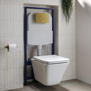 Wall Hung Rimless Toilet - Includes Cistern Wall Hung Frame Soft Close Seat and Brushed Brass Flush Plate - Boston