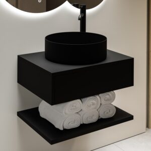 600mm Black Wall Hung Countertop Vanity Unit with Black Basin and Shelf - Lugo