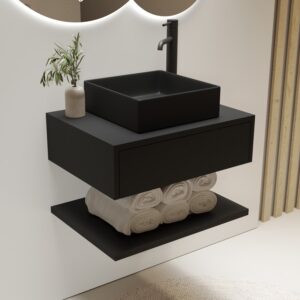600mm Black Wall Hung Countertop Vanity Unit with Black Square Basin and Shelf - Lugo