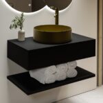 800mm Black Wall Hung Countertop Vanity Unit with Brass Basin and Shelf - Lugo