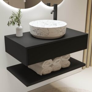 800mm Black Wall Hung Countertop Vanity Unit with White Marble Effect Basin and Shelf - Lugo