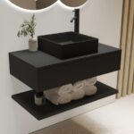 800mm Black Wall Hung Countertop Vanity Unit with Black Square Basin and Shelf - Lugo