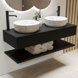 1200mm Black Wall Hung Countertop Double Vanity Unit with White Marble Effect Basins and Shelf - Lugo