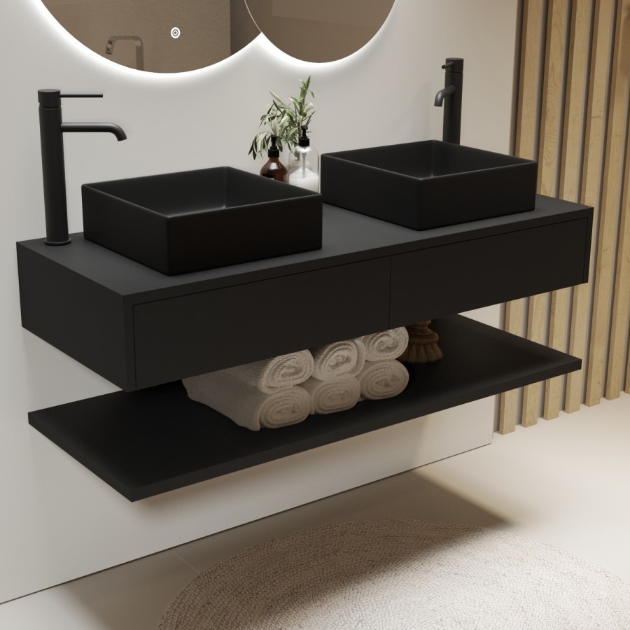 1200mm Black Wall Hung Countertop Double Vanity Unit with Black Square Basins and Shelf - Lugo