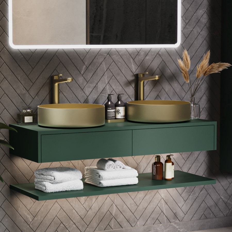 1200mm Green Wall Hung Countertop Double Vanity Unit with Brass Basins and Shelf - Lugo