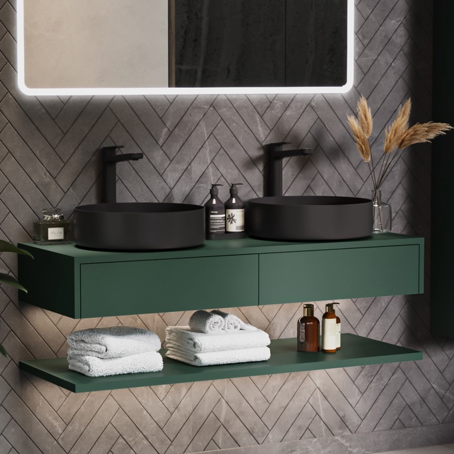 1200mm Green Wall Hung Countertop Double Vanity Unit with Black Basins and Shelf - Lugo