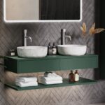 1200mm Green Wall Hung Countertop Double Vanity Unit with White Marble Effect Basins and Shelf - Lugo