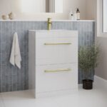 600mm White Freestanding Vanity Unit with Basin and Brushed Brass Handle - Ashford