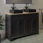 1200mm Black Freestanding Double Vanity Unit With Wood Worktop and Black Square Basins -Camden