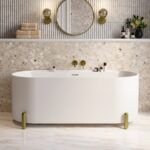 Matt White Freestanding Double Ended Bath with Ledge and Brass Feet 1700 x 765mm - Clara