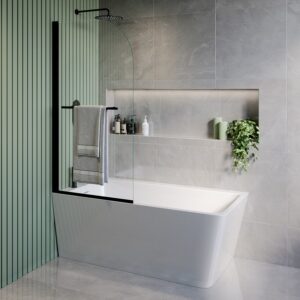 Freestanding Single Ended Left Hand Corner Shower Bath with Black Bath Screen with Towel Rail 1500 x 740mm - Kona