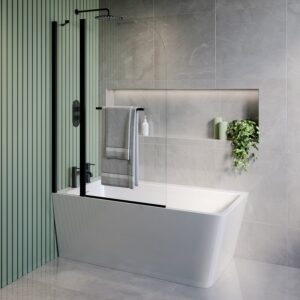 Freestanding Single Ended Left Hand Corner Shower Bath with Black Bath Screen with Fixed Panel & Towel Rail 1500 x 740mm - Kona
