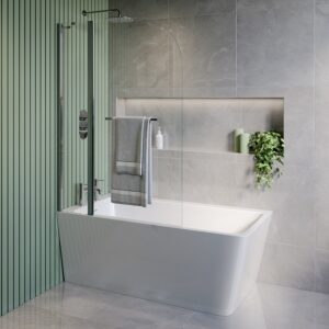 Freestanding Single Ended Left Hand Corner Shower Bath with Chrome Bath Screen with Fixed Panel & Towel Rail 1500 x 740mm - Kona