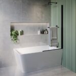 Freestanding Single Ended Right Hand Corner Shower Bath with Black Bath Screen with Towel Rail 1500 x 800mm - Kona