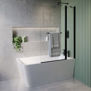 Freestanding Single Ended Right Hand Corner Shower Bath with Black Bath Screen with Fixed Panel & Towel Rail 1500 x 740mm - Kona