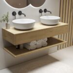 1200mm Wood Effect Wall Hung Countertop Double Vanity Unit with Round Basins and Shelf - Lugo