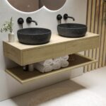 1200mm Wood Effect Wall Hung Countertop Double Vanity Unit with Black Marble Effect Basins and Shelf - Lugo