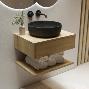600mm Wood Effect Wall Hung Countertop Vanity Unit with Black Marble Basin and Shelf - Lugo
