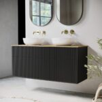 1250mm Black Wooden Fluted Wall Hung Countertop Double Vanity Unit with Wood Effect Worktop and Round Basin - Matira