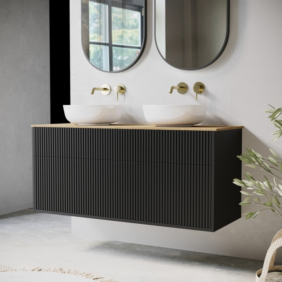 1250mm Black Wooden Fluted Wall Hung Countertop Double Vanity Unit with Wood Effect Worktop and Round Basin - Matira