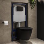 Matt Black Wall Hung Rimless Toilet with Soft Close Seat, Matt Black Pneumatic Flush Plate, 1170mm Frame & Cistern - Newport