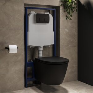 Matt Black Wall Hung Rimless Toilet with Soft Close Seat, Matt Black Pneumatic Flush Plate, 1170mm Frame & Cistern - Newport
