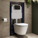 Matt White Wall Hung Rimless Toilet with Soft Close Seat, Matt Black Pneumatic Flush Plate, 1170mm Frame & Cistern - Newport