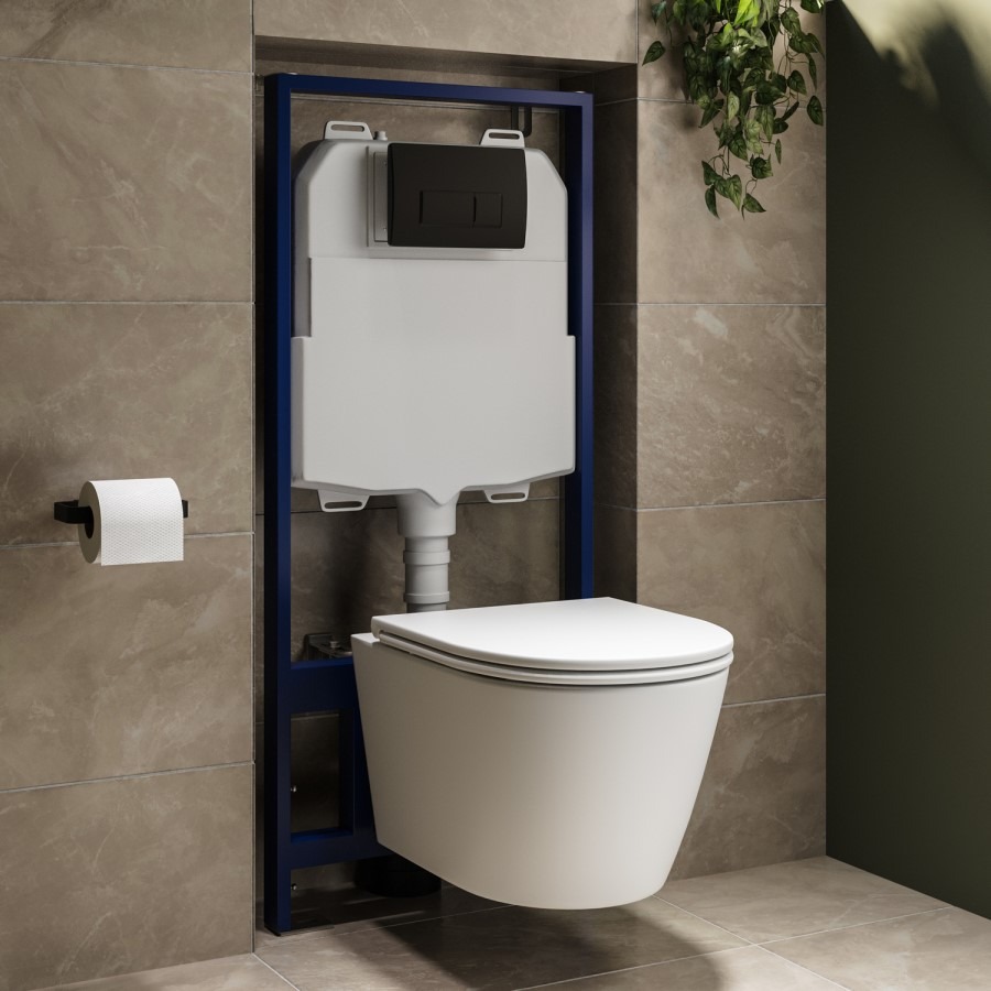 Matt White Wall Hung Rimless Toilet with Soft Close Seat, Matt Black Pneumatic Flush Plate, 1170mm Frame & Cistern - Newport