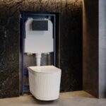 Fluted Wall Hung Toilet with Soft Close Seat, Matt Black Mechanical Flush Plate, 1160mm Frame & Cistern - Oregon