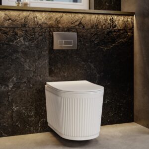 Fluted Wall Hung Toilet with Soft Close Seat, Chrome Pneumatic Flush Plate, 820mm Frame & Cistern - Oregon