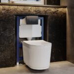 Fluted Wall Hung Toilet with Soft Close Seat, Matt Black Pneumatic Flush Plate, 820mm Frame & Cistern - Oregon