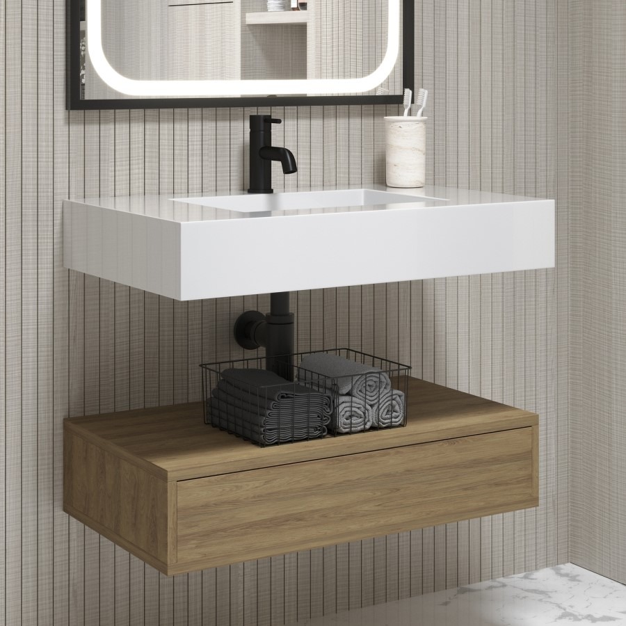 800mm Wood Effect Wall Hung Vanity Unit with Rectangular Basin - Oslo